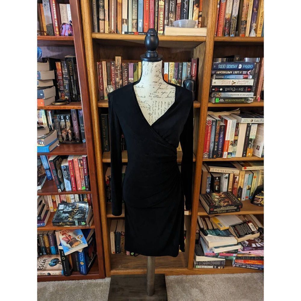 Tadashi bodycon crossover front long sleeve silky knit dress sz 6 black